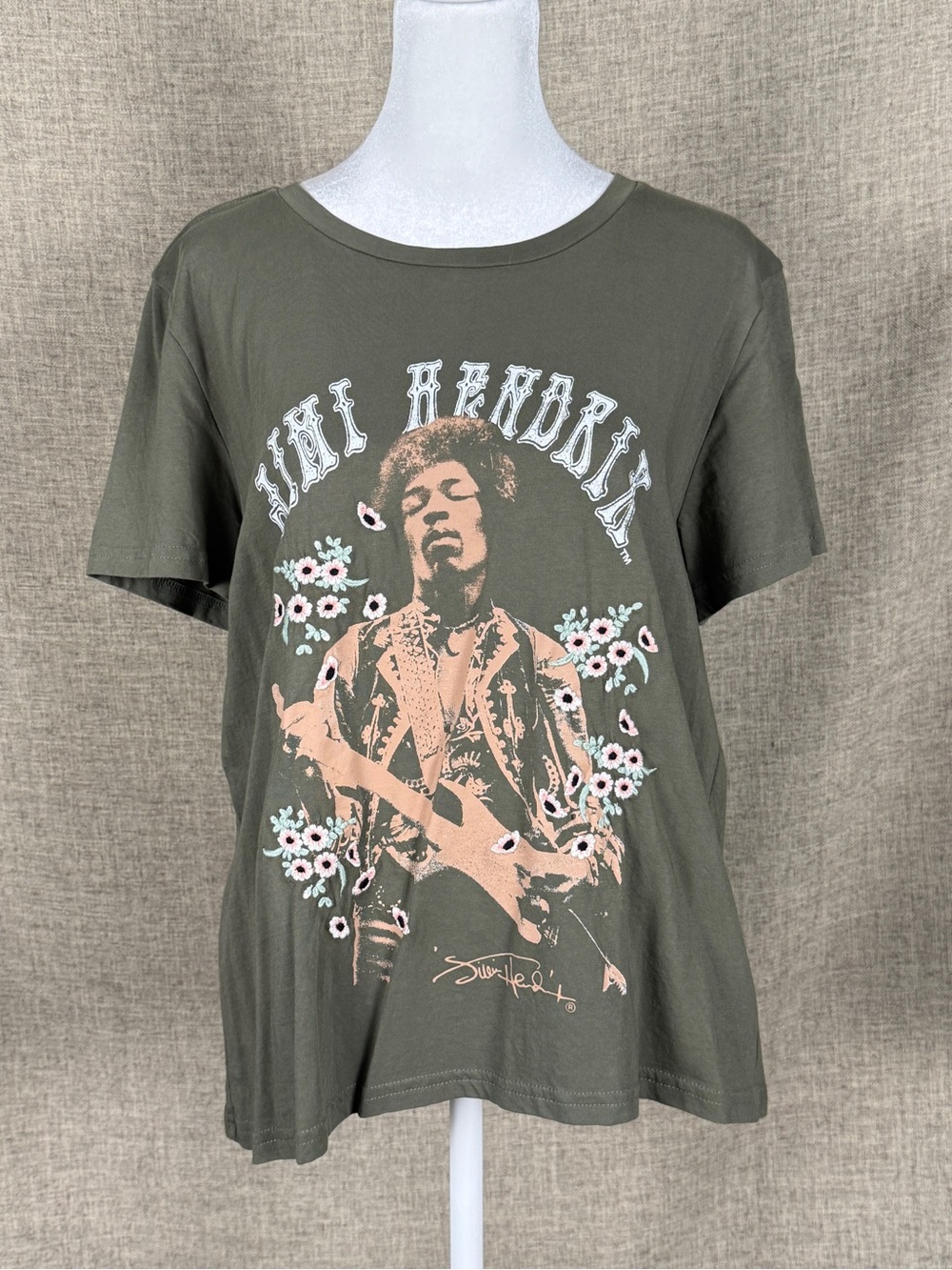 Lucky Brand Olive Green Jimi Hendrix Graphic Tee with Embroidered Accents